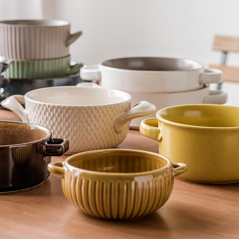 Tazones de orejas creativos de alto valor, una gran colección de vajillas prácticas, tazones de cerámica, tazones de sopa para el hogar que no están calientes, tazones de fideos retro