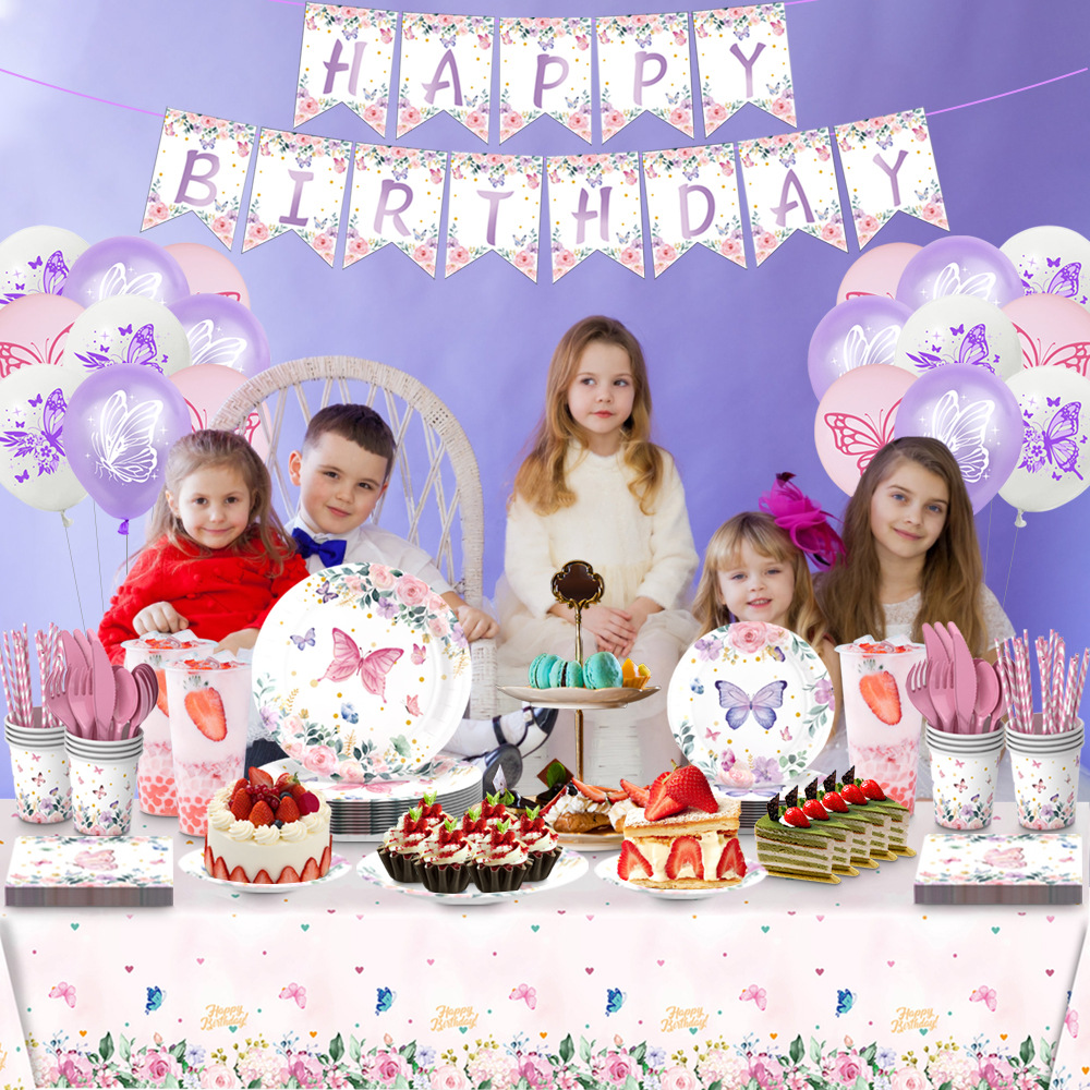 Nueva Flor de mariposa tema decoración del partido suministros fiesta de té Placa de papel desechable globo de tejido decoración traje