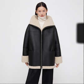 杨幂同款秋冬廓形环保皮衣中长皮毛一体外套2025保暖拼接皮毛外套
