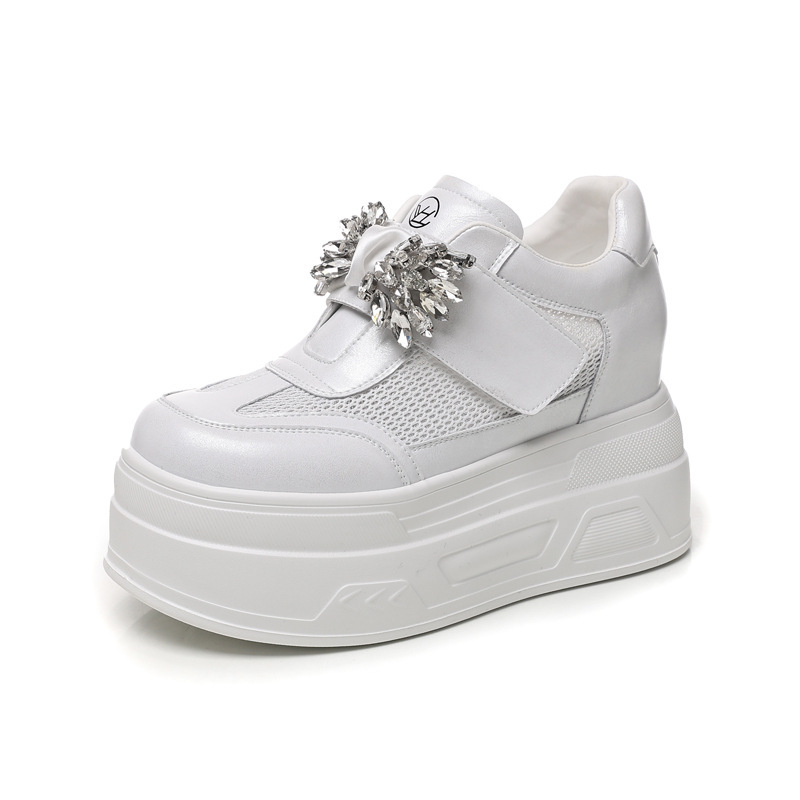 Giày sneaker nữ đế dày tăng chiều cao, mặt lưới thoáng khí, đính đá rhinestone — màu trắng