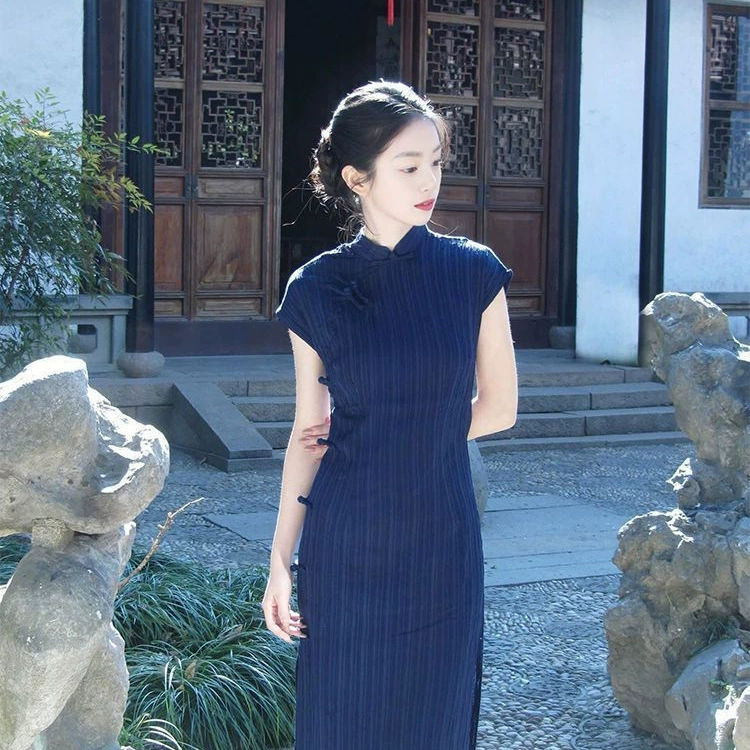 Новое нежное и красивое темно-синее улучшенное женское платье Cheongsam в китайском стиле, летнее ретро-платье в стиле Республики Китай, модное девчачье платье в стиле Цзяннань