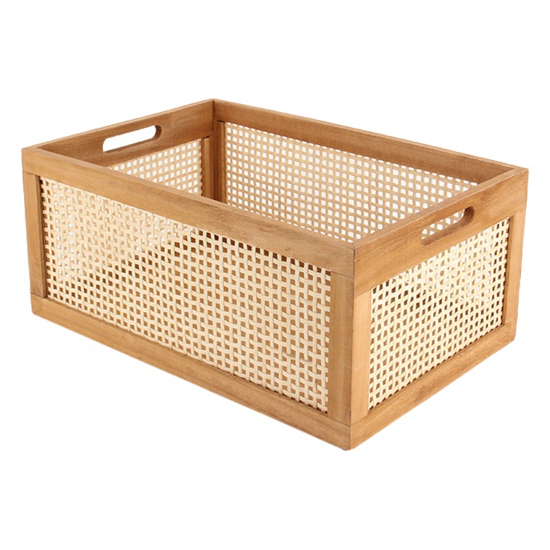 Caja de almacenamiento retro de madera maciza, cesta de almacenamiento de ratán para escritorio, para libros, refrigerios, cosméticos y almacenamiento en el hogar.
