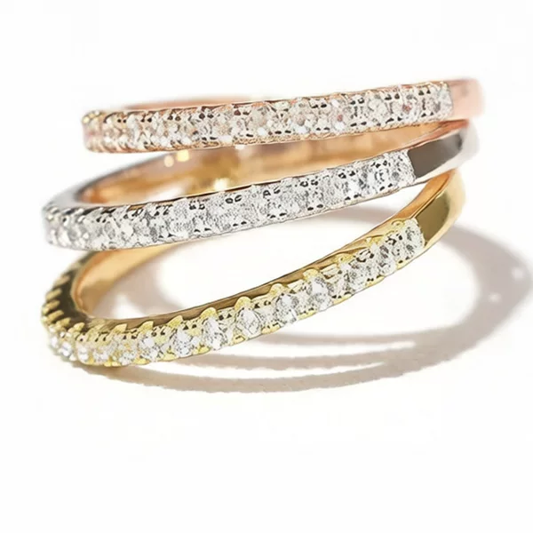 14K Gold-Plated Zircon Copper Ring 2mm Thick Copper-Plated Jewelry with Sparkling Half-Circle Inlaid with Crushed Diamonds Copper Ring