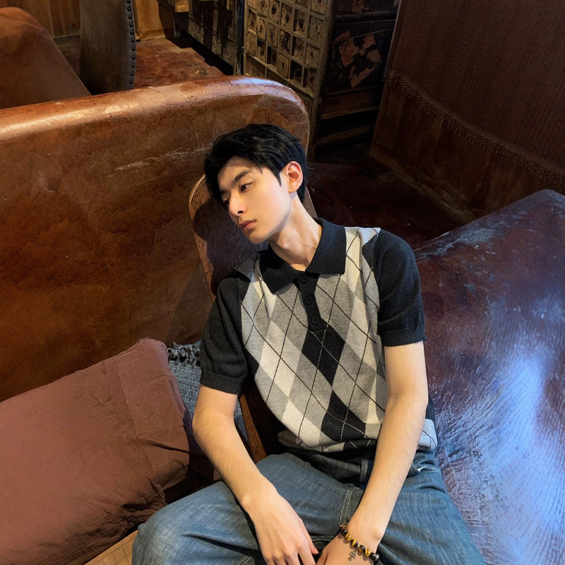 High-Quality Wool-Blend Argyle Diamond Pattern Polo Collar Knit Short-Sleeve Old Money Style Color-Block T-Shirt
