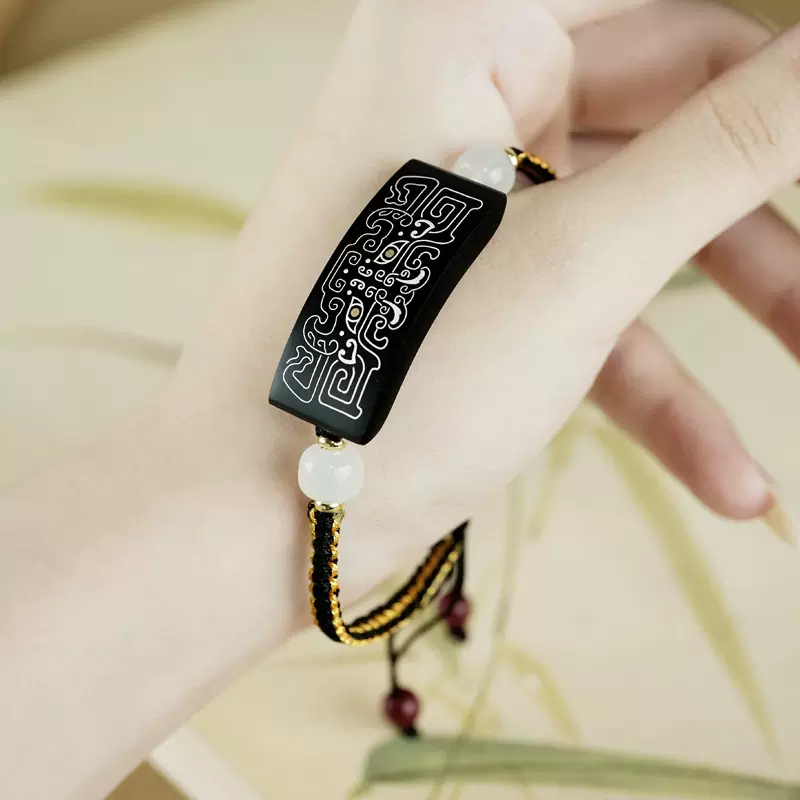 枣木镶银饕餮手链男式黑檀镶嵌中国风手饰高级感道家饰品兽脸手牌