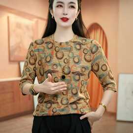 一件代发直播爆款打底衫2026夏季印花中袖T恤女时尚洋气妈妈上衣