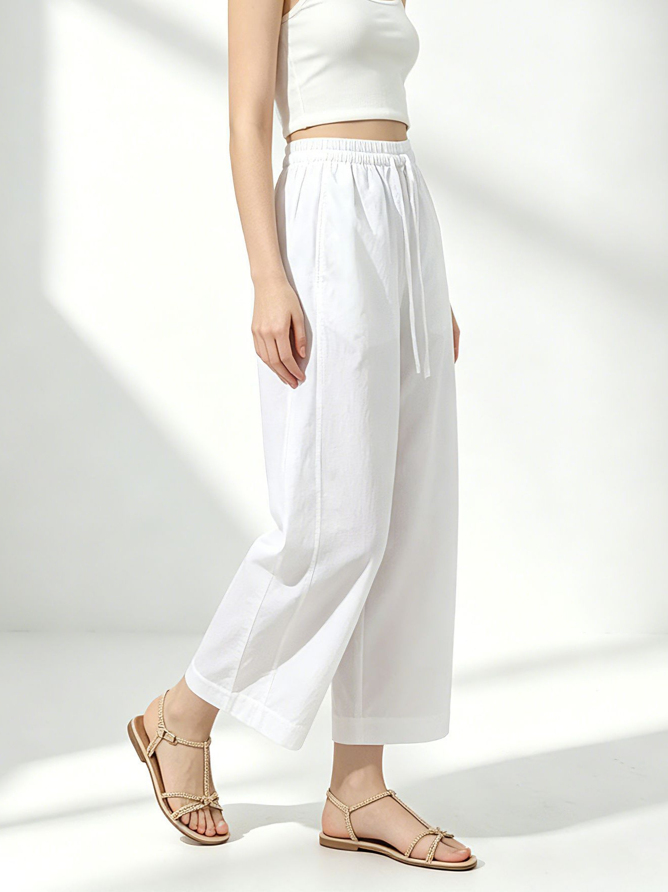 Quần culottes nữ ống rộng cạp thun dây rút, dáng suông rộng, dài 9 phần, chất cotton mềm mại — Ben trắng