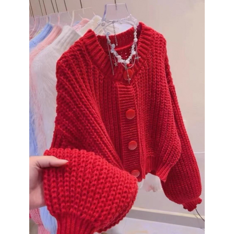 Lazy candy red sweater jacket for women in autumn new loose and fashionable thickened round neck short knitted cardigan