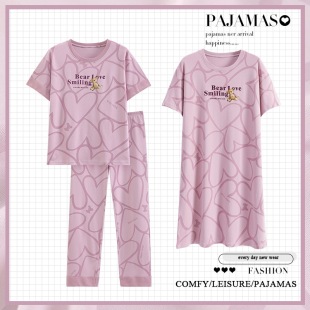 Three-piece Pajamas Women's Cropped Pants Short-sleeved Cute Cartoon Nightgown suit Imitation Cotton Student Outwear Home Clothes