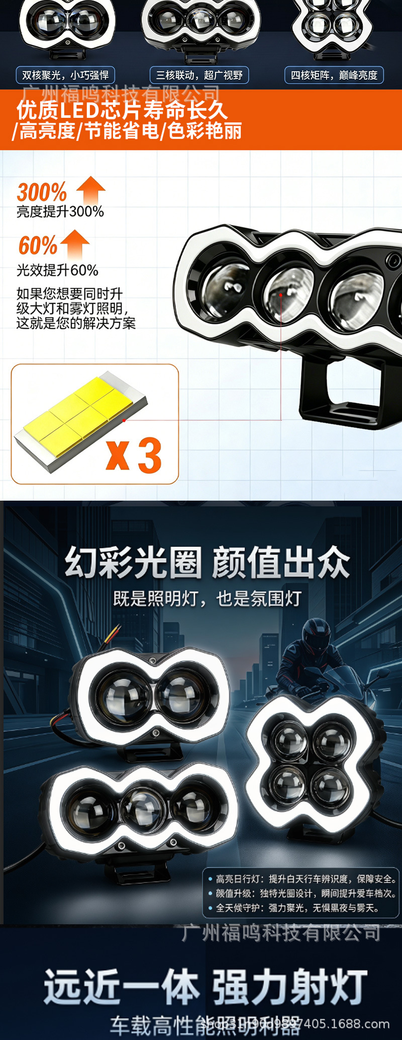 Cross-Border 20W Motorcycle Spotlight Dual Lens External Waterproof High-Intensity Light Electric Vehicle Modified Headlight Yellow and White Spotlight