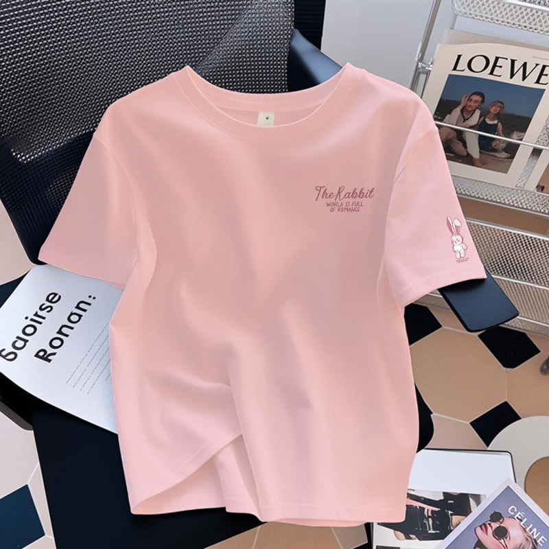Pink Dopamine Pure Cotton Short-Sleeved T-Shirt for Women 2026 Summer New Style White Loose-Fitting Stylish Design Printed Top