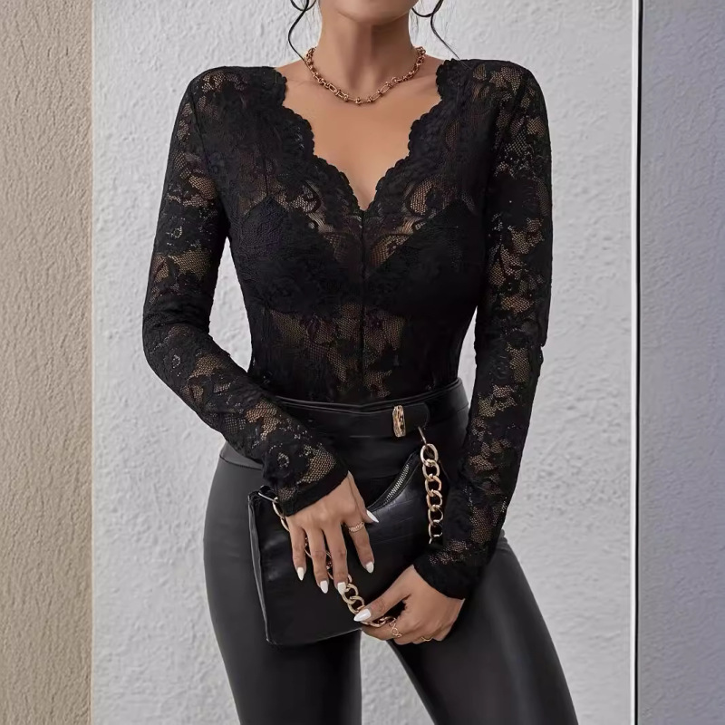 European and American Cross-Border 2026 Spring and Autumn New Sexy Single-Layer Floral Lace Fan-Shaped Decorative Base Shirt Top for Women