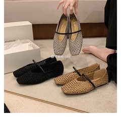 初秋25バレエシューズ、フレンチスクエアトゥ、中空編み込みワンストラップレディースシューズ、万能ソフトレザー浅口シューズ、おばあちゃん風シューズ