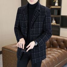 秋冬中年毛呢大衣男士外套中长款加厚休闲格子西装领风衣男