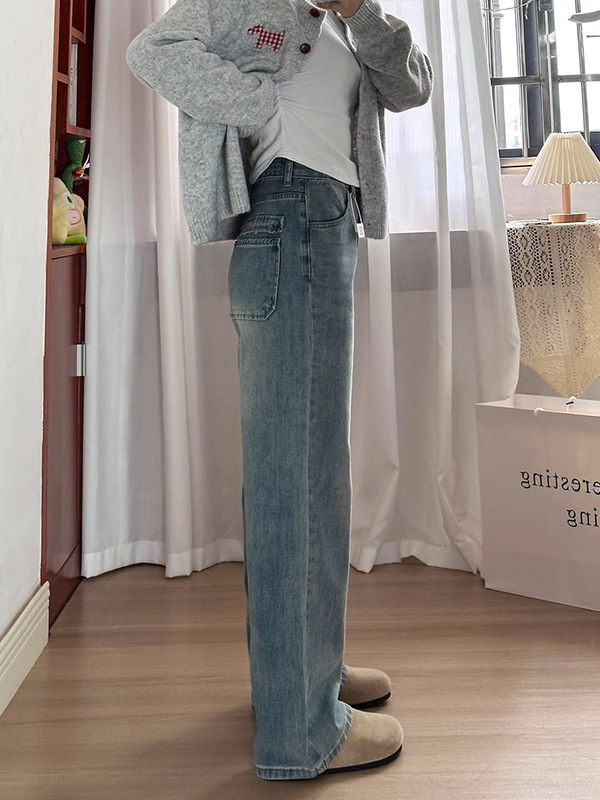浅蓝色牛仔裤女2025春秋胖mm宽松显瘦高腰直筒梨形粗腿宽胯阔腿裤|undefined