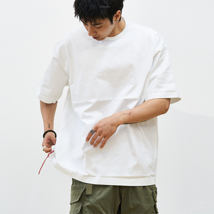 Japanese Heavy Cotton Men's Crewneck Short-sleeved T-shirt Loose Red Rope Solid Color Base Shirt Couple's Foreign Trade Half-sleeved Top