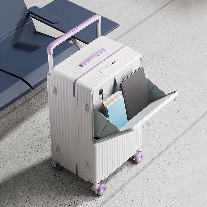 Large-Capacity Trolley Suitcase for Male and Female College Students, Open-Front Travel Carry-On Password Lock Suitcase, Sturdy and Durable, Front-Opening Box
