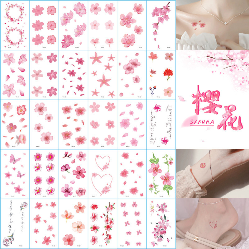 Cherry Blossom Tattoo Flower Sexy Collarbone Waterproof Female Antique Fairy Advanced Pink Girl Lasting Simulation Sticker