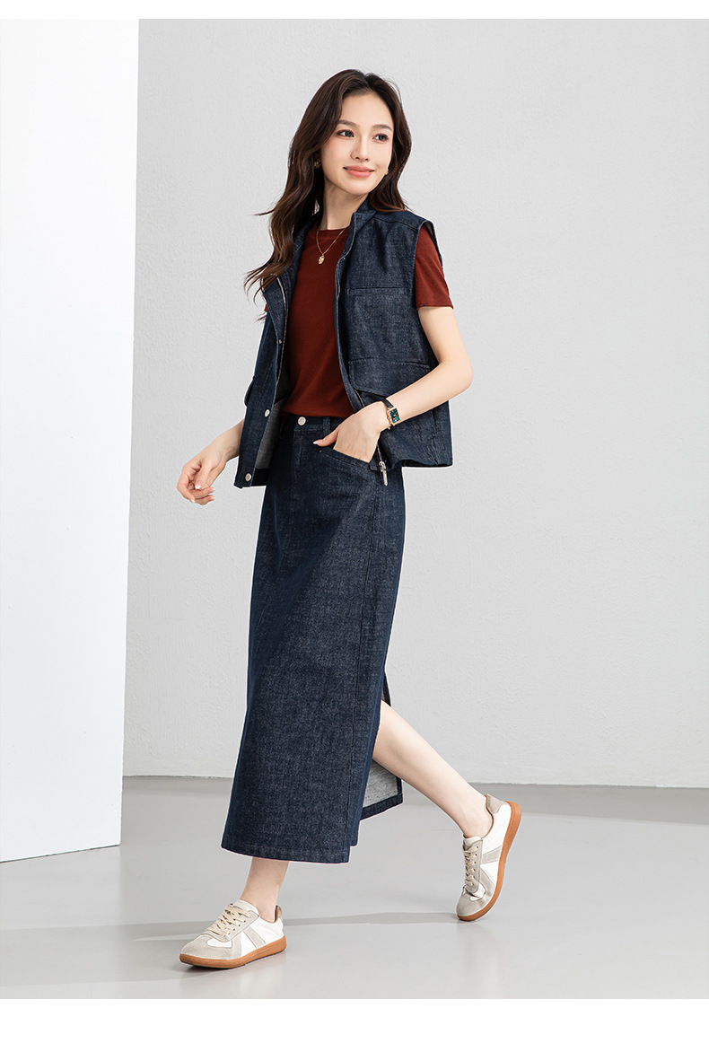 Áo vest gile denim không tay nữ kèm chân váy bút chì phối bộ — Mã màu xanh dương - AC66031 chi tiết 24
