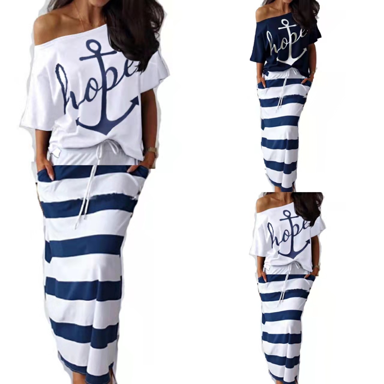 跨境速卖通eBay爆款海军风休闲船锚印花短袖T恤+半身裙套装