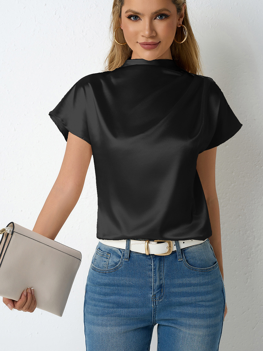 Real shot venta caliente transfronteriza nueva camiseta de satén de manga corta con cuello redondo satinado primavera y verano top plisado del hombro izquierdo de las mujeres al por mayor image 4