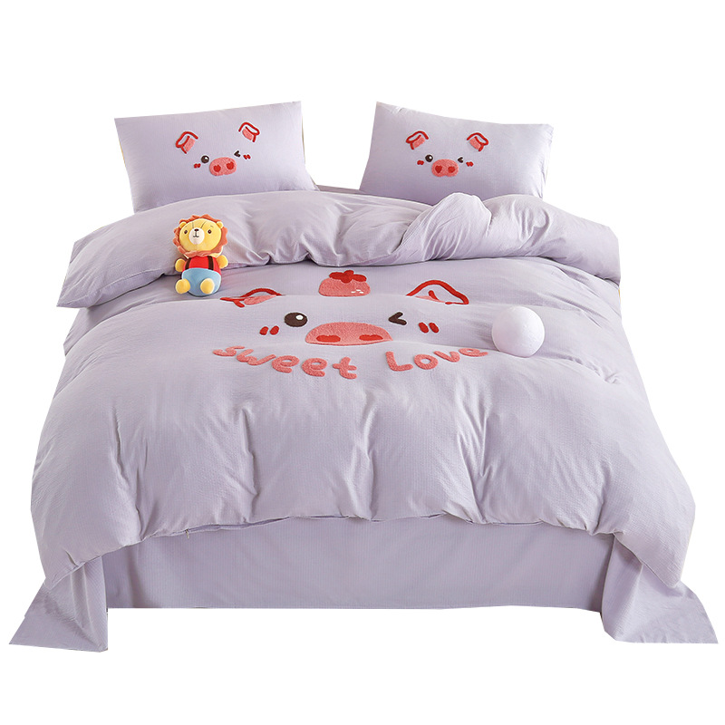 ins caricatura adorable toalla de cerdo bordado cuatro piezas de cama de algodón dormitorio de estudiantes sábanas cubiertas de tres piezas de 4