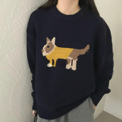 韩系撞色提花小狗套头毛衣女秋冬新款宽松显瘦洋气减龄针织衫外穿