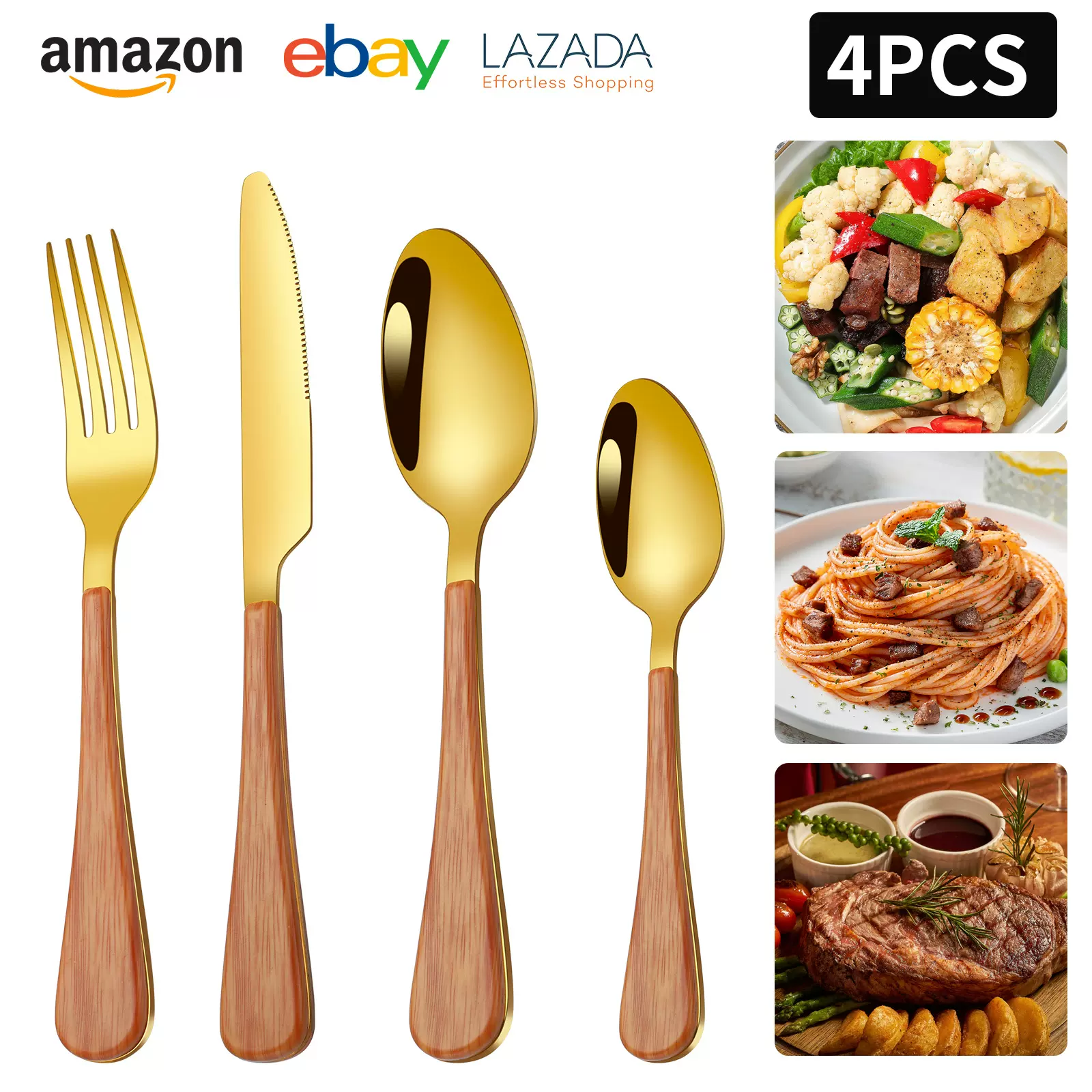 跨境刀叉勺不锈钢实木柄家用酒店西餐具四件套套装甜品牛排勺刀叉