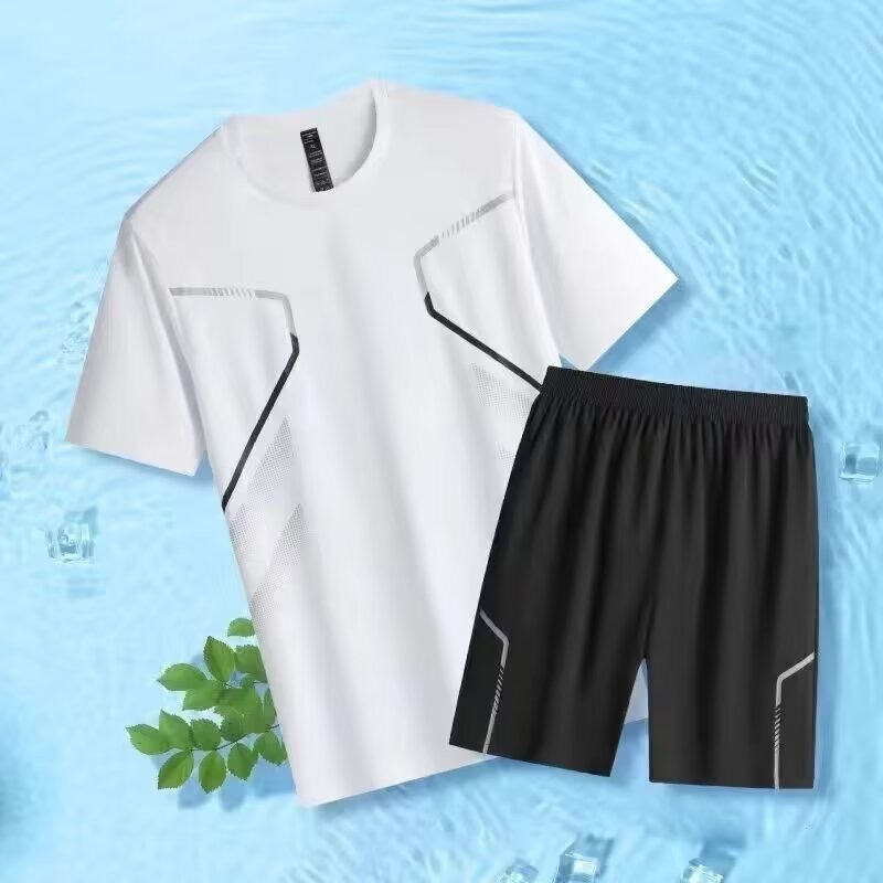 Ropa deportiva de verano baloncesto hielo camiseta de mangas cortas secas rápidas pantalones cortos de entrenamiento transfronterizos de entrenamiento físico hombre