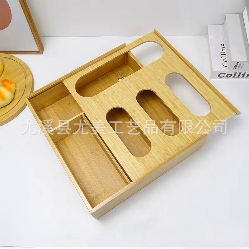 Creativa caja de envoltura de plástico de bambú y madera caja de almacenamiento de bolsa ziplock caja de papel de aluminio cortador caja de bambú integral al por mayor