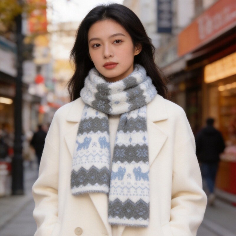Winter Fair Isle Cat Double-Sided Jacquard Knitted Scarf for Women, Korean Style, Thickened, Long, Warm, Student Neck Warmer, Wholesale Winter Fair Isle Cat Double-Sided Jacquard Knitted Scarf for Women, Korean Style, Thickened, Long, Warm, Student Neck Warmer, Wholesale
