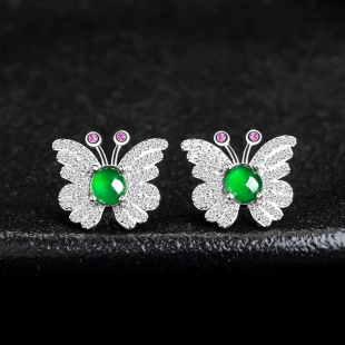 S925 silver inlaid natural A goods jade yang green butterfly ice earrings jade fashion earrings women's wholesale