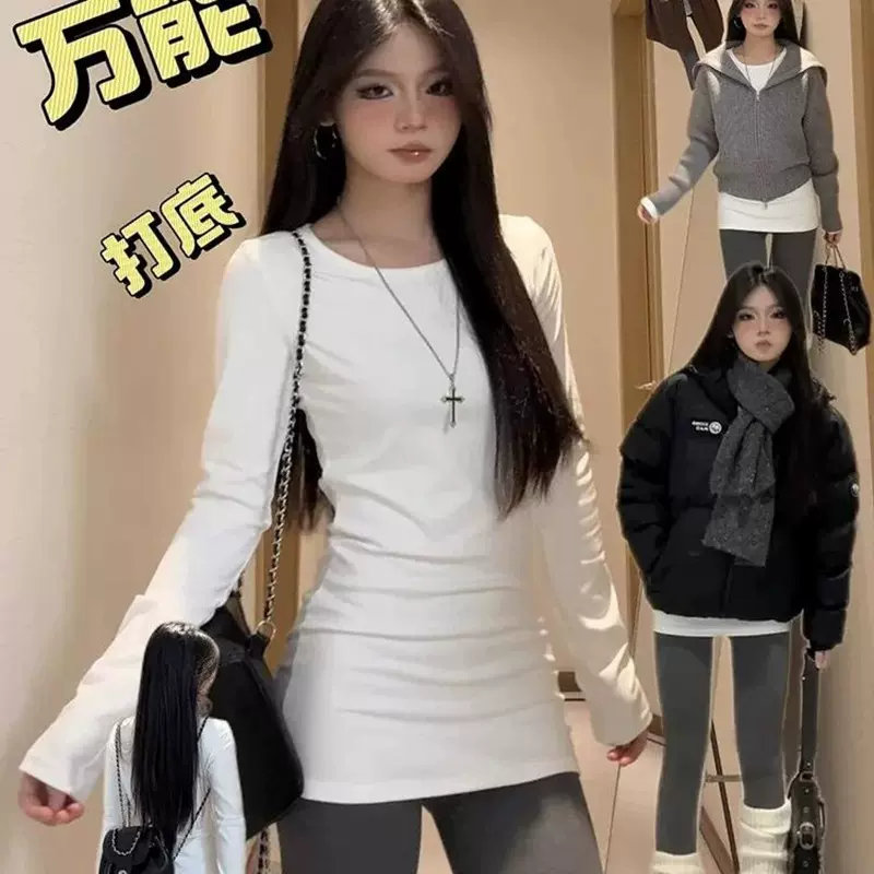 正肩长袖T恤女秋冬2025新款德绒打底衫女中长款内搭修身收腰上衣