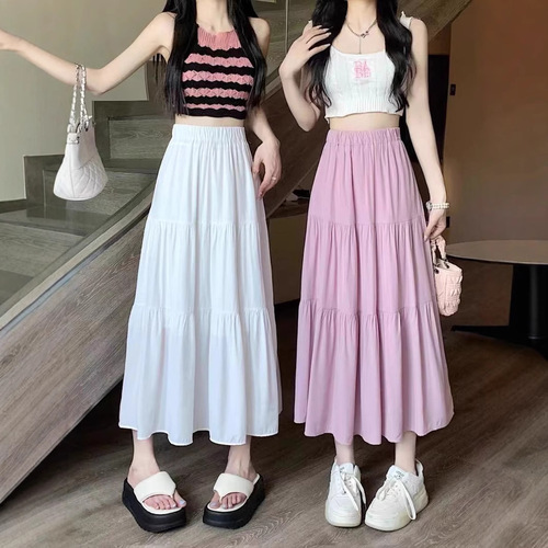 White skirt for women spring and summer 2026 new elastic high waist covering the crotch and slimming mid-length cake skirt umbrella skirt ins