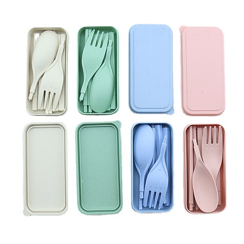 Folding Wheat Straw Tableware Set of Three (Spoon, Fork, Chopsticks) Portable Tableware Set with LOGO Printing Available