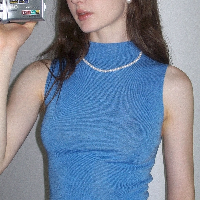 miroastudio French style half turtleneck wool sweater seamless integrated blue vest high-grade top for women