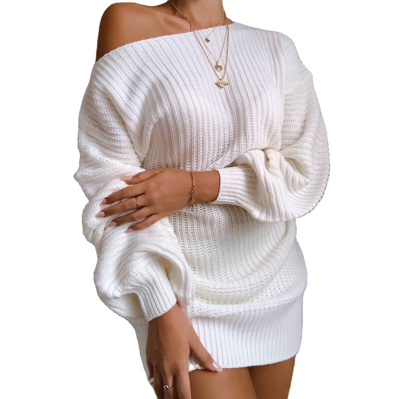 Suéter transfronterizo Otoño/Invierno 2026, éxito de ventas en Amazon, estilo europeo y americano, informal, con hombros descubiertos, manga farol, vestido de punto. image 7