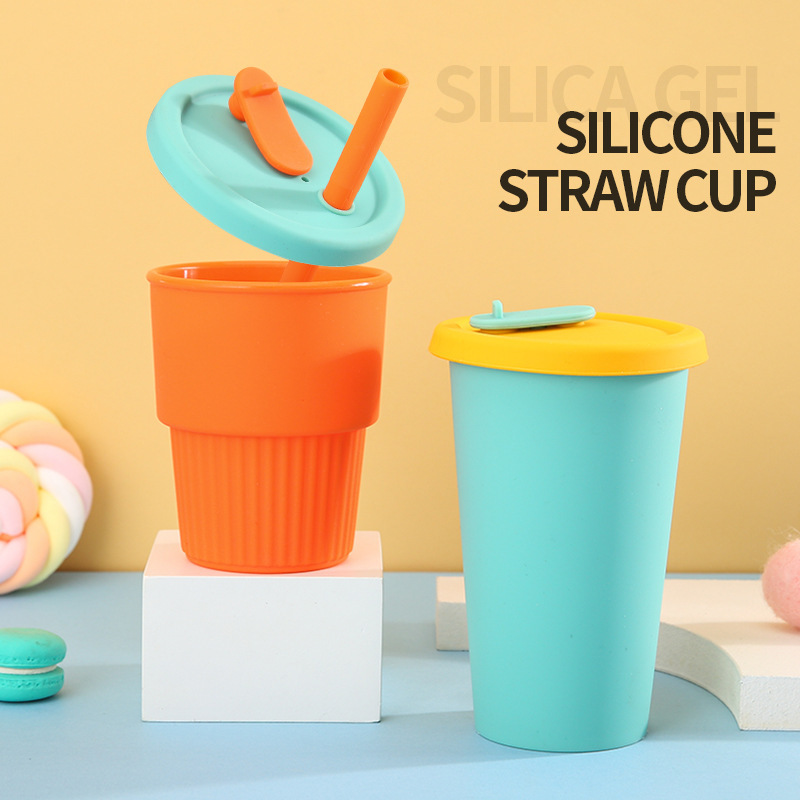 Food-Grade Silicone Milk Tea Cup, Reusable and Drop-Resistant, Portable Children's Straw Cup, Food-Grade Silicone Cup