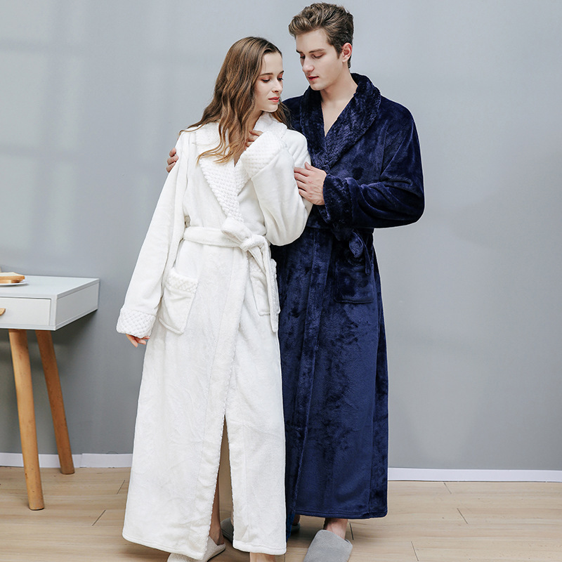 Nightgown Women's Autumn and Winter Long Coral Fleece fleece-lined Thickened Bathrobe for Couple Flannel Men's Pajamas Winter Home Clothes