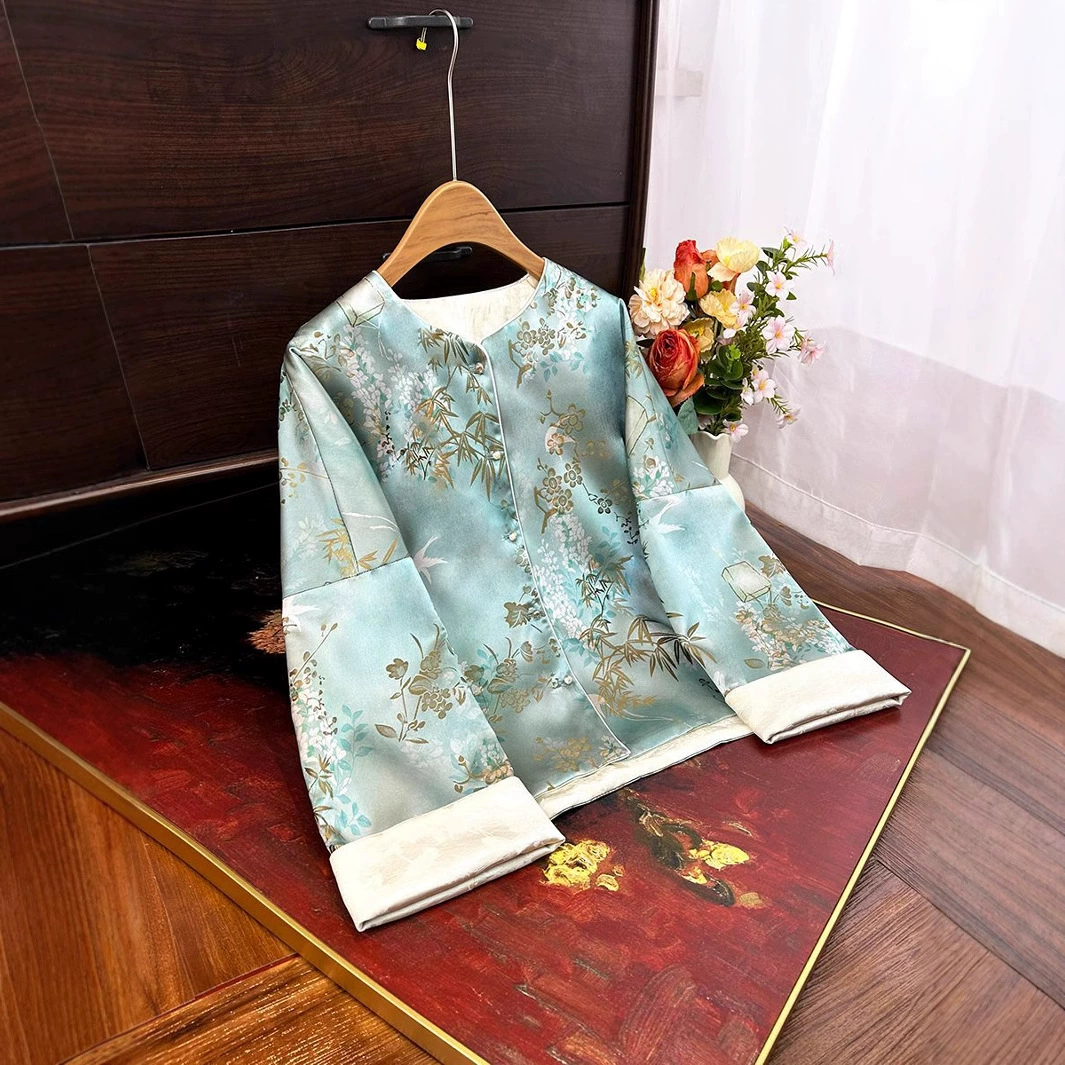 Новая китайская двусторонняя жаккардовая куртка 2025 весна новая ретро высококачественная атласная элегантная свободная кофта