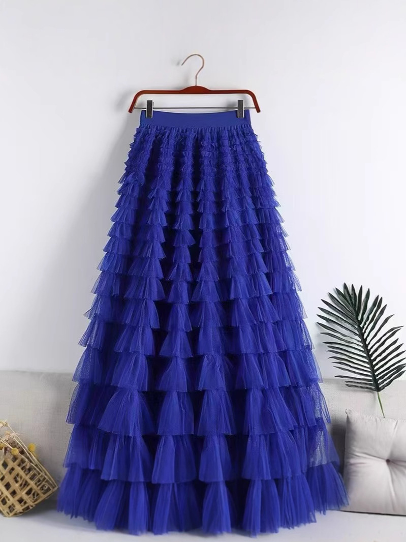 2024 Autumn Multi-Layered Mesh Patchwork Cake Skirt A-Line Slimming Midi Skirt for Women with High-Waisted Design and Large Hem