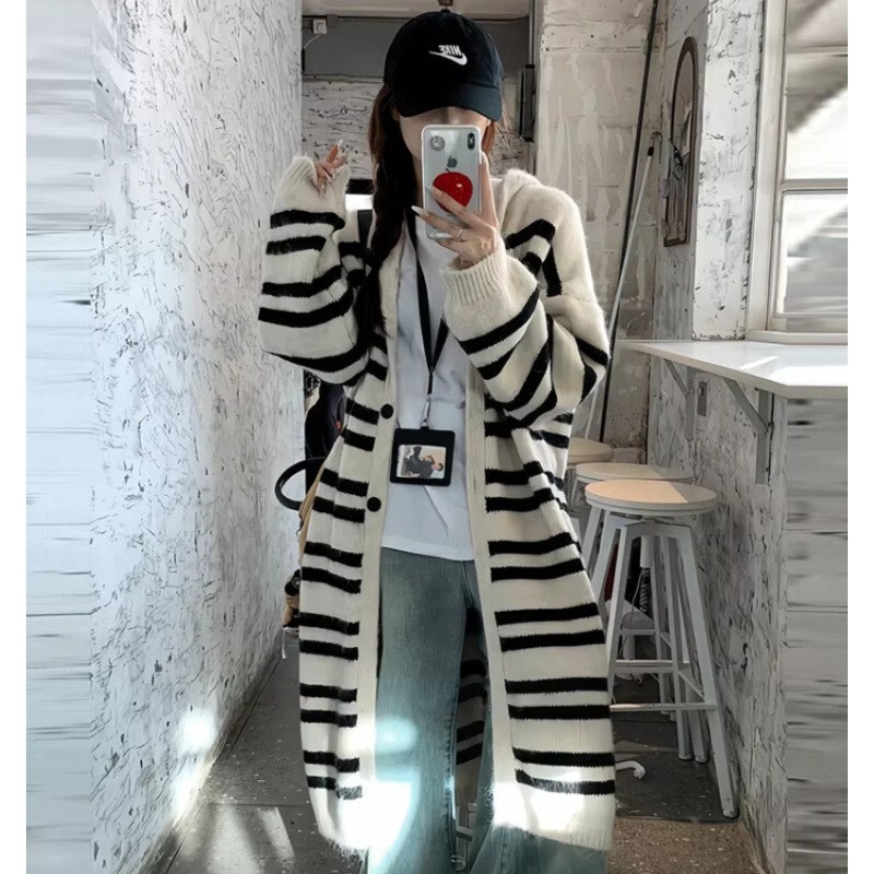 韩系条纹中长款毛衣开衫外套女2025秋冬季慵懒风小众别致针织上衣|undefined