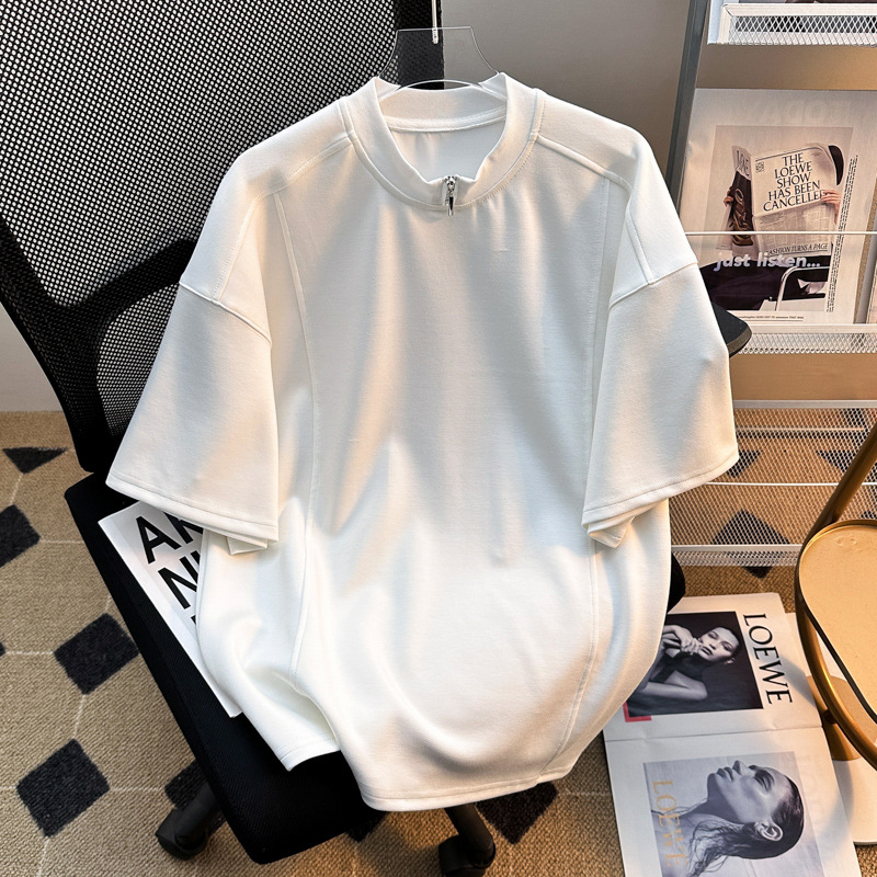 重磅半拉链短袖男款国潮宽松百搭美式上衣高级感cleanfit半袖t恤