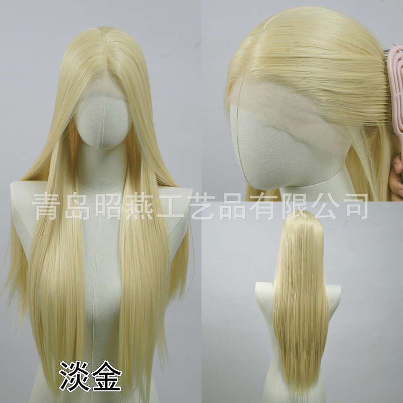 万用白金色13*4大面积手勾前额蕾丝全头套假发女cos自然手钩毛胚|undefined