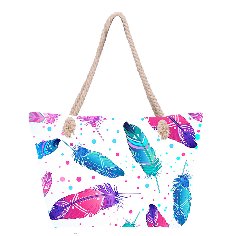 Bolso de playa impreso para mujer de venta caliente transfronterizo Bolso de lona portátil de gran capacidad Bolso de hombro junto al mar Bolso de mano con cuerda de algodón