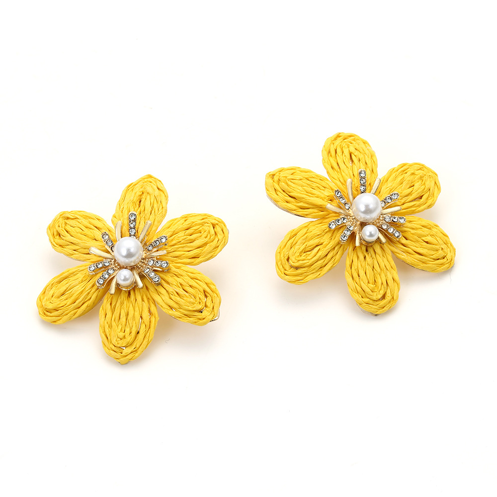 1 Paire Décontractée Fleur Raphia Strass Boucles D'Oreilles display picture 4