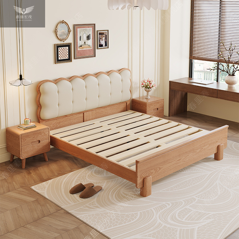Dormitorio principal simple lujoso madera de cera blanca cama de madera sólida estilo medieval 1.8m doble cama queen 1.5m cama de respaldo suave