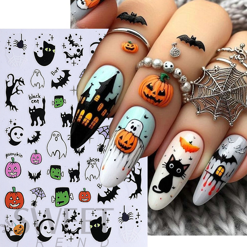 Nuevas pegatinas de uñas transfronterizas, dibujos animados lindos, halloween fantasma, setas, cráneos, rosas negras, pegatinas de uñas