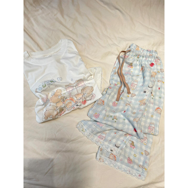 Cute Cartoon Bear Printed T-shirt Pajamas Women's Summer New Loose Casual Short-sleeved Trousers Home Clothes suit