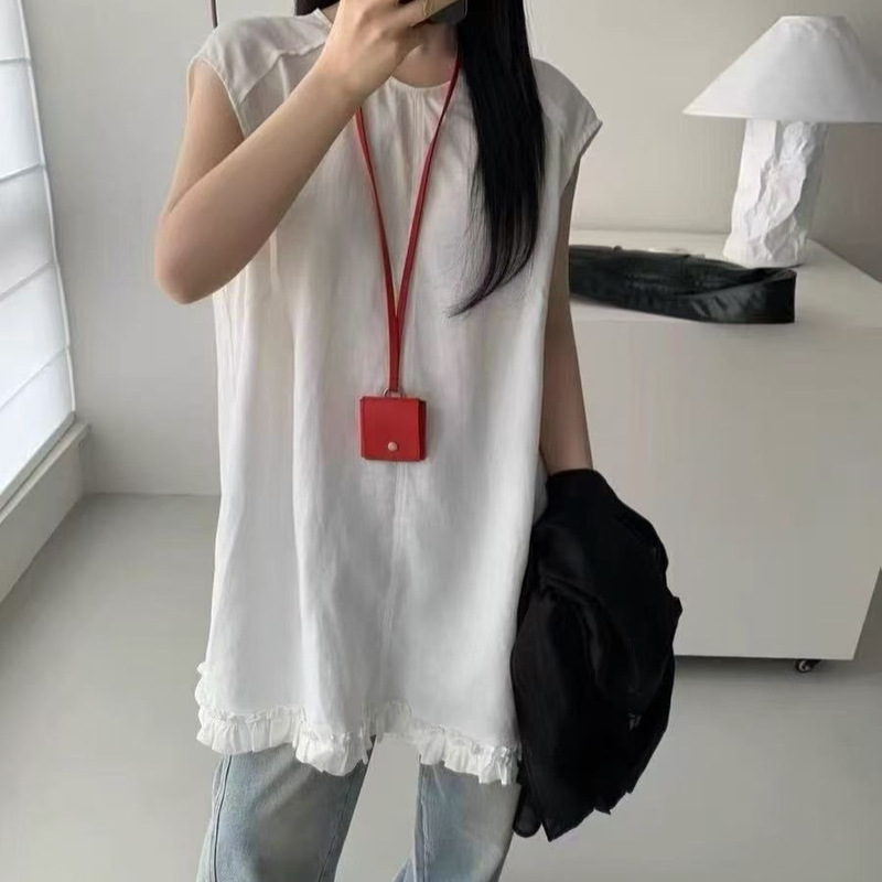 2025 Summer New Sleeveless Ruffled Mid-length Loose Slimming Back Button Vest Waistcoat